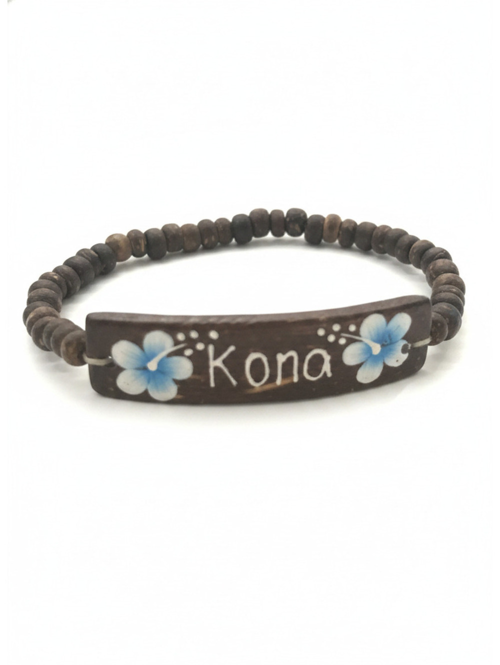 Handmade Kona Wooden Bead Bracelet with Blue Flower Design